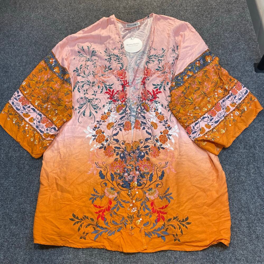 NEW Rustty Dustty Womens 3XL Boho Floral Open Long Sleeve Cover Up Orange Pink